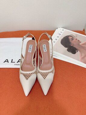Alaïa White Mesh Cutout Pointed Toe Kitten Heel Sandals